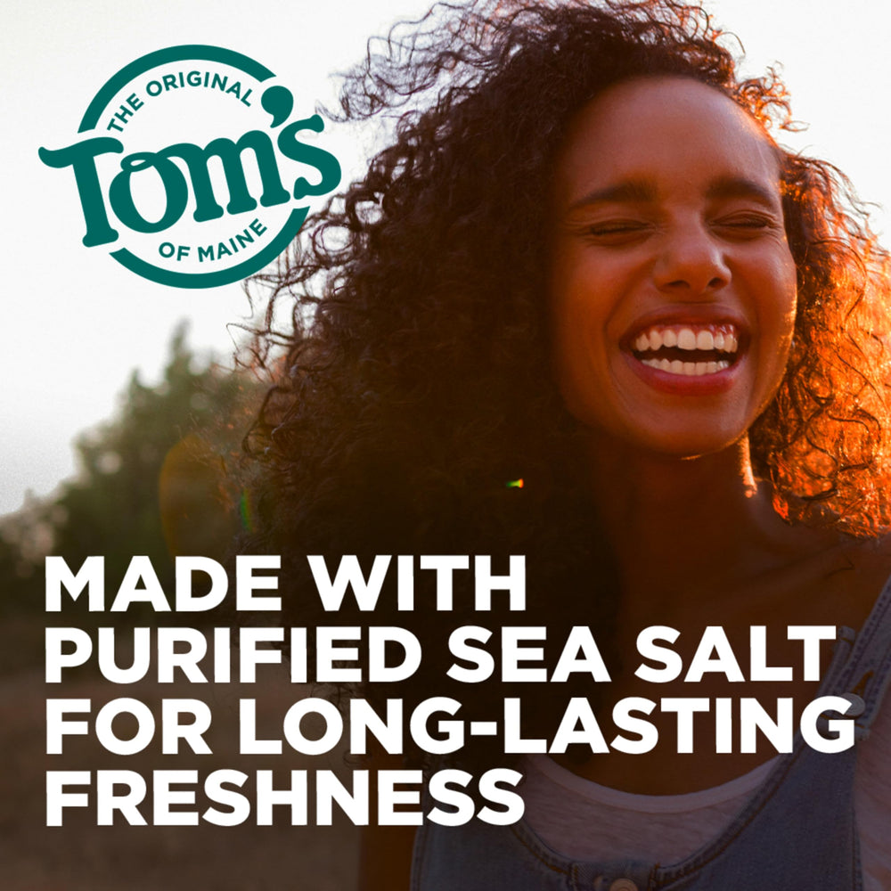 Label close-up emphasizes no artificial colors or flavors in Tom's of Maine Sea Salt Mouthwash.
