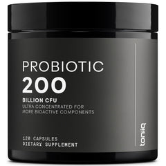 Toniiq probiotic bottle displaying high CFU and diverse strains for daily balance