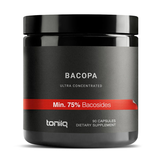 Toniiq Bacopa bottle close-up highlighting 45:1 extract potency for premium supplementation.