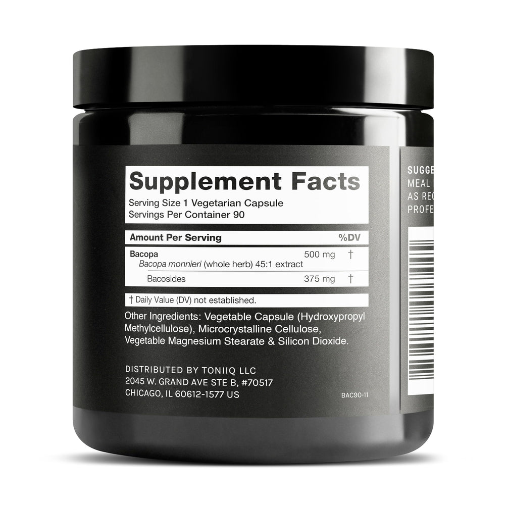 Toniiq Bacopa capsules close-up showing high-strength 500 mg per capsule for daily use.