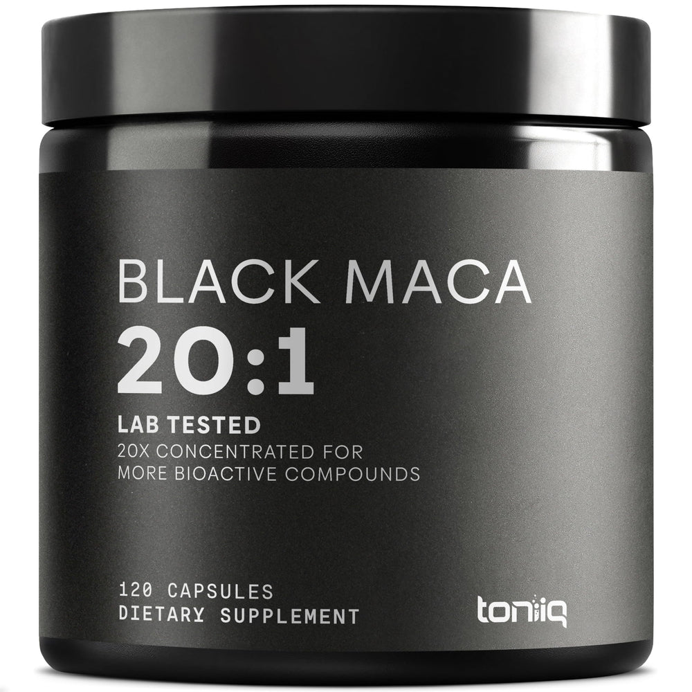 Toniiq Black Maca capsules with label, supporting daily vitality.