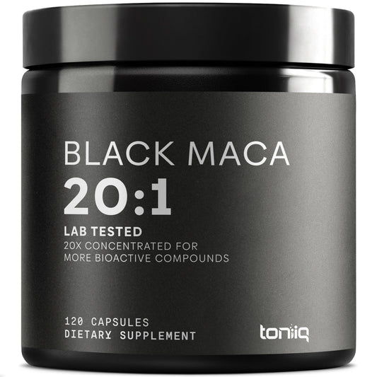 Toniiq Black Maca capsules with label, supporting daily vitality.