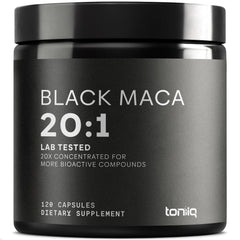 Toniiq Black Maca capsules with label, supporting daily vitality.