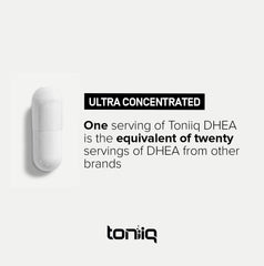 Toniiq DHEA 100mg bottle label close-up shows 99%+ purity claim