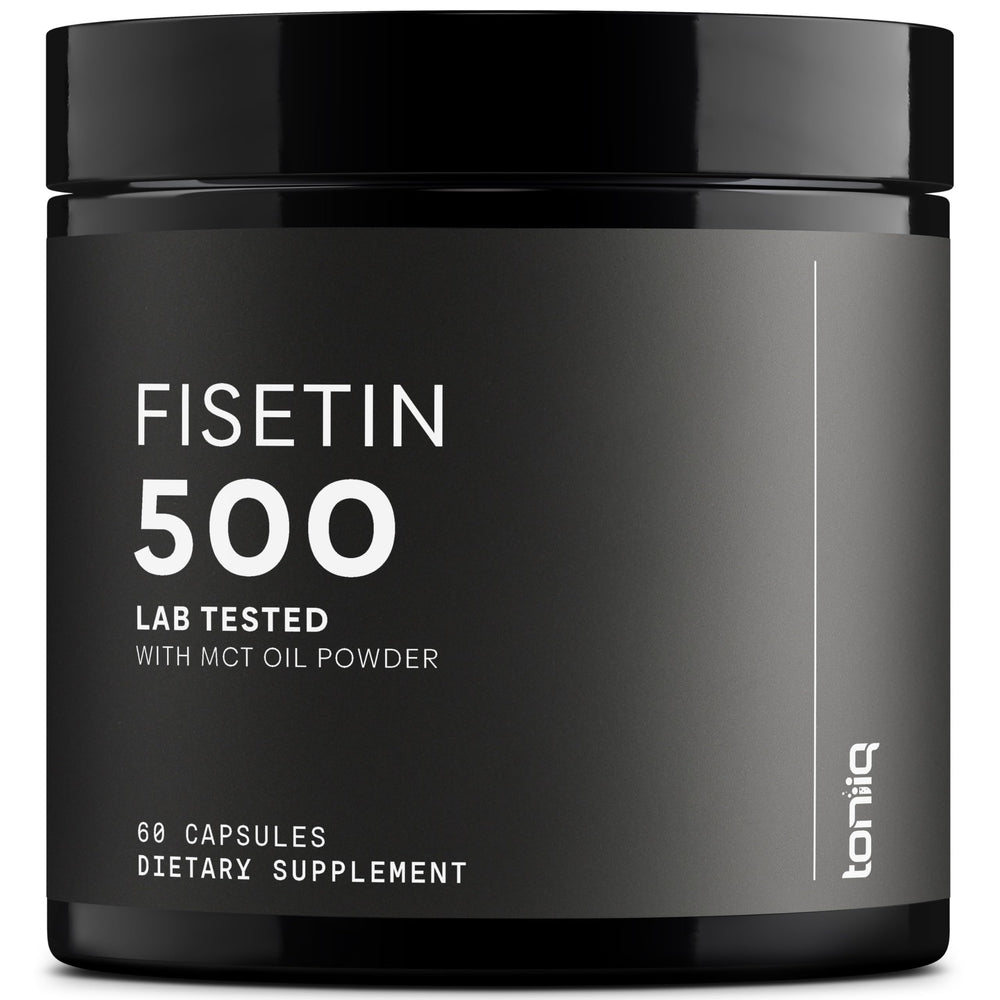 Toniiq Fisetin 500mg bottle pour highlights precise dosing and clean formulation.