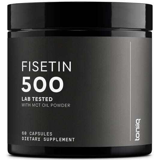 Toniiq Fisetin 500mg bottle pour highlights precise dosing and clean formulation.