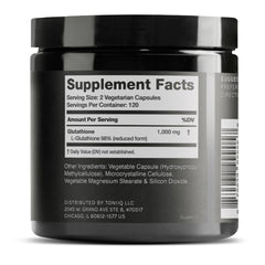 Toniiq glutathione bottle label highlights high purity and potency.