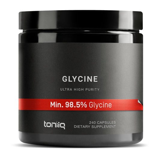 Toniiq Glycine 1300mg capsules bottle front view for daily supplementation.