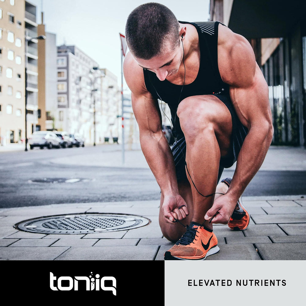 Toniiq HGH ingredients graphic featuring arginine, lysine, ornithine, tribulus, ashwagandha.