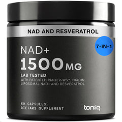 Toniiq Liposomal NAD+ bottle on display highlighting high-strength 1500mg daily support