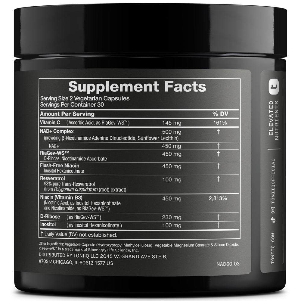 Toniiq bottle back label nutrition facts for transparency