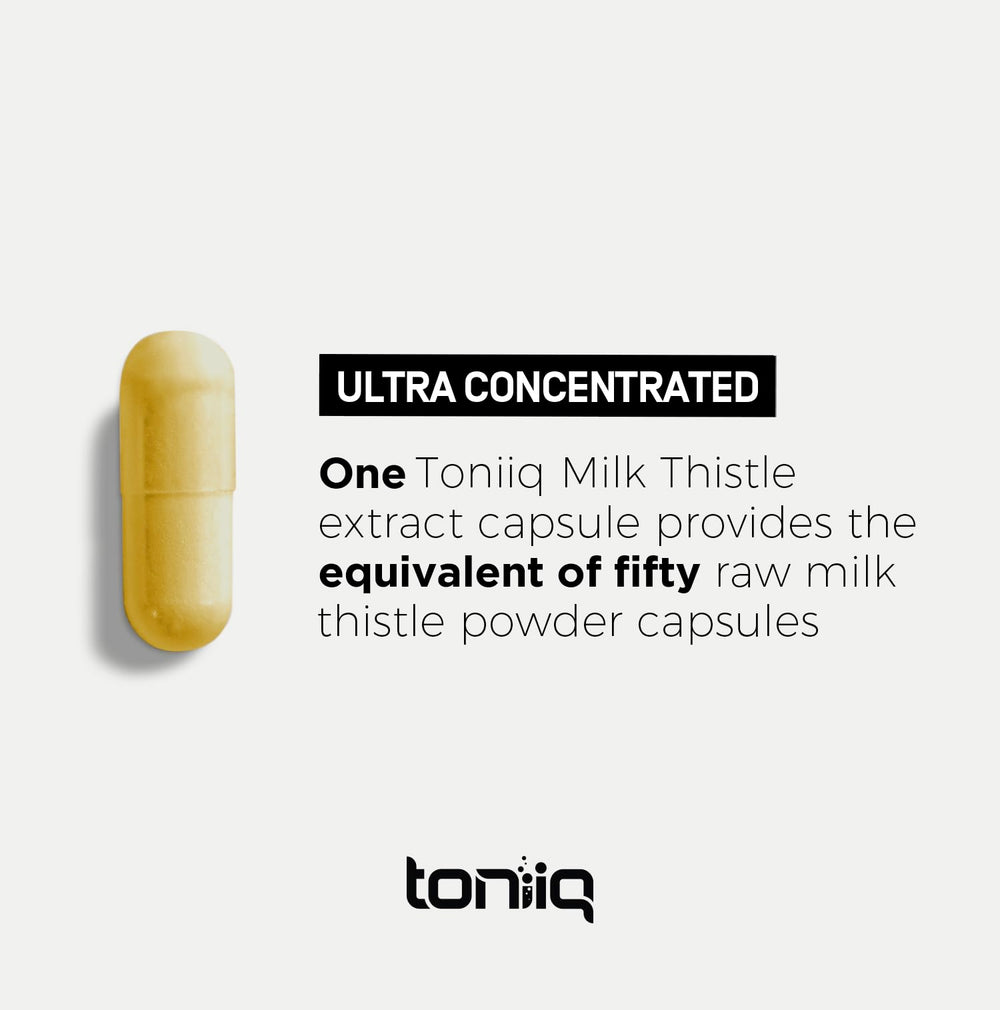 Toniiq Milk Thistle label graphic communicates 50:1 extract ratio
