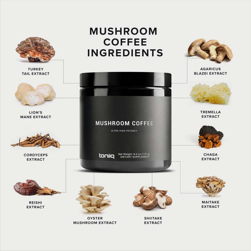 Toniiq Mushroom Coffee labeled GMP verified and third-party tested.