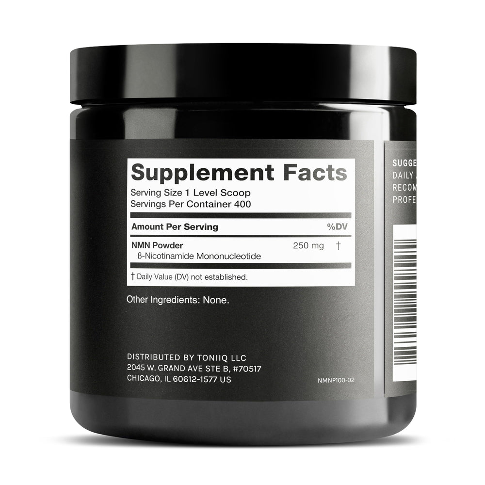 Toniiq NMN powder jar closeup highlights premium quality and stability.