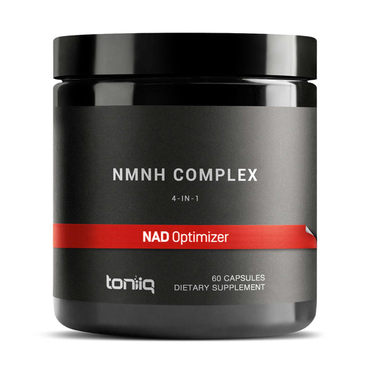 Toniiq NMNH bottle label shows ultra high potency NMNH complex for daily use.