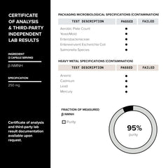 Toniiq NMNH third-party certificate snippet signaling tested purity.