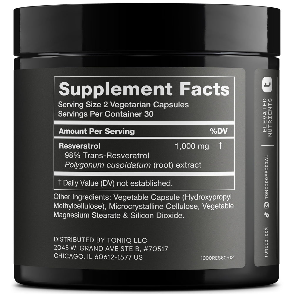 Toniiq resveratrol capsule close-up highlights 1000mg potency