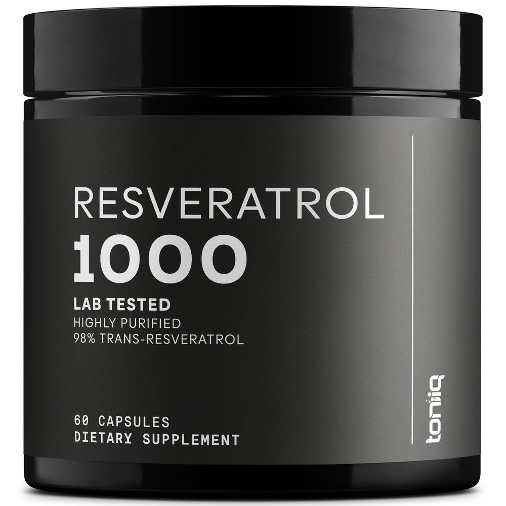 Toniiq resveratrol bottle shows 98% purity for premium quality