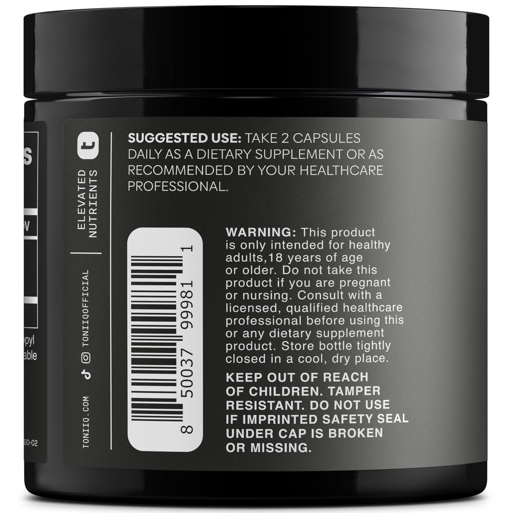 Toniiq resveratrol packaging with third-party testing seal signals trusted quality