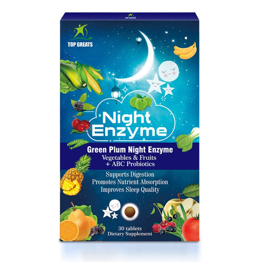 TOP GREATS Night Enzyme bottle front may support nighttime comfort.