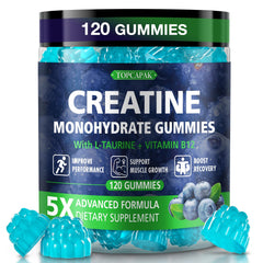 TOPCAPAK Creatine Gummies bottle showcases blueberry flavor and convenient daily servings.