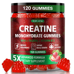 TOPCAPAK Creatine Gummies bottle front shows convenient daily supplementation for workouts.
