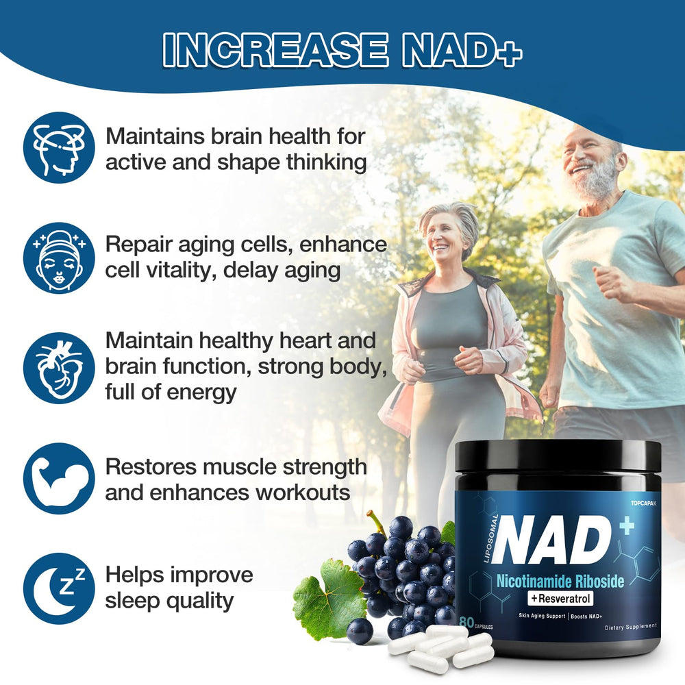 TopCapak NAD+ 1000mg capsules close-up for easy daily energy support.