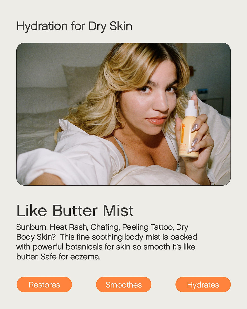 Close-up of Topicals Like Butter Mist spray showing quick-absorbing hydration for dry skin.