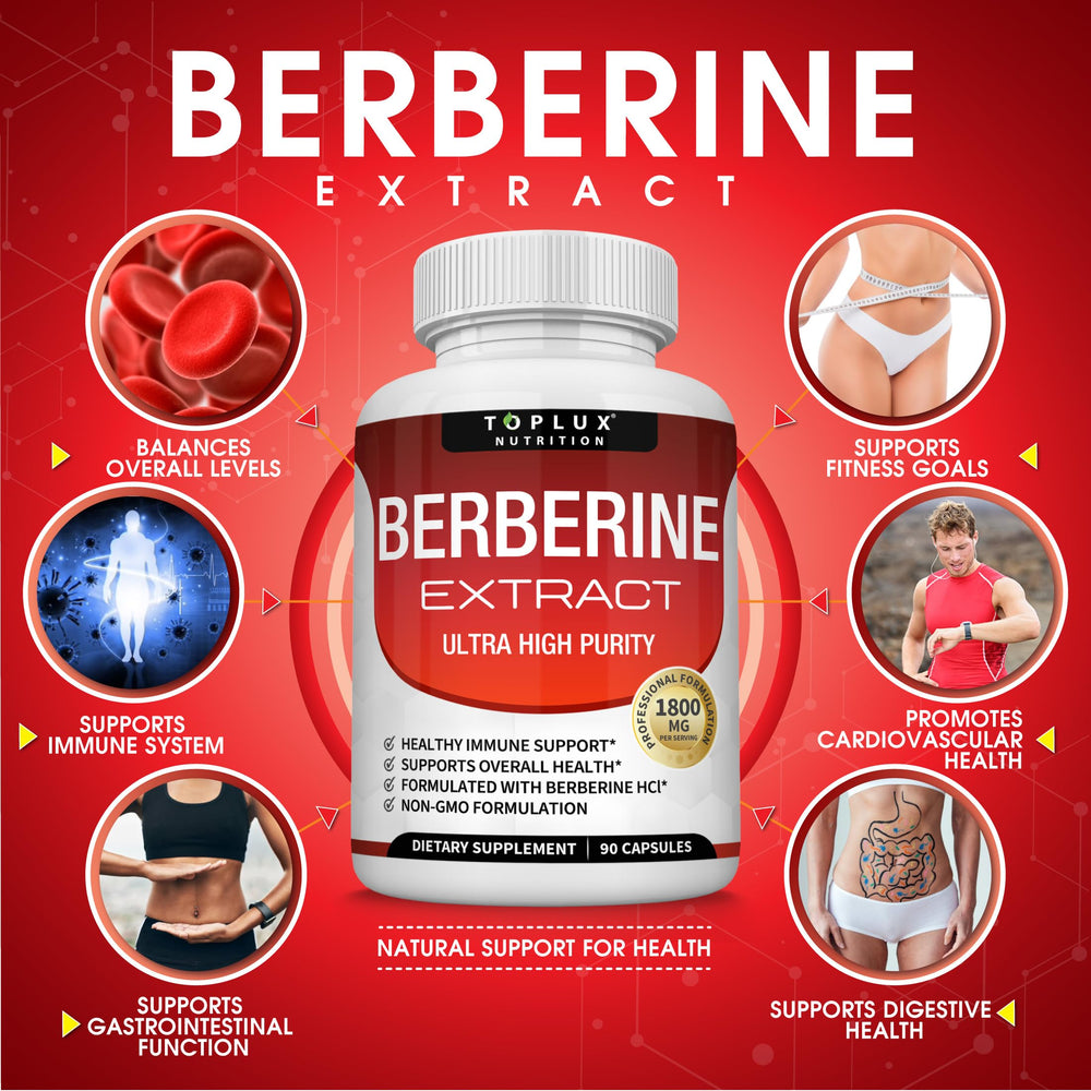 Toplux Berberine packaging shows USA GMP badge and quality.