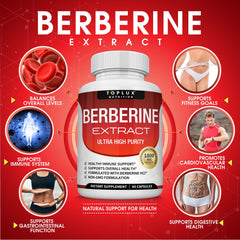 Toplux Berberine packaging shows USA GMP badge and quality.