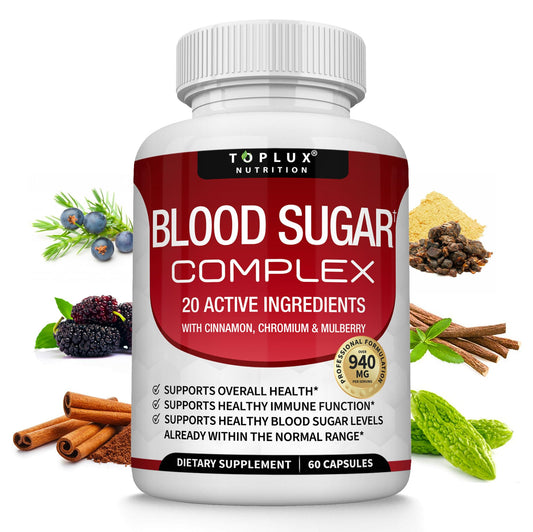 Toplux Blood Sugar Complex bottle front promotes daily wellness with natural ingredients.