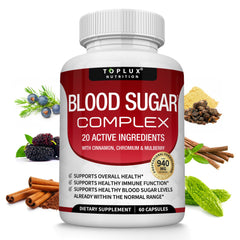 Toplux Blood Sugar Complex bottle front promotes daily wellness with natural ingredients.
