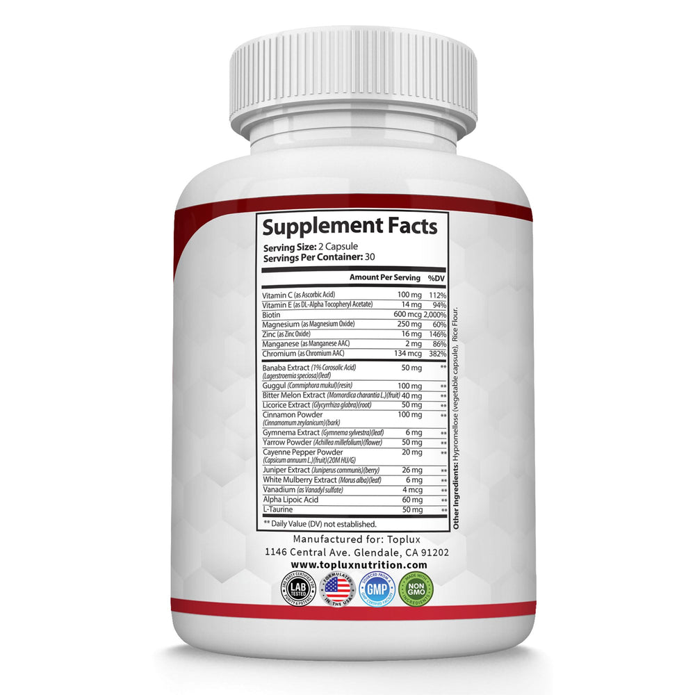 Toplux Blood Sugar Complex bottle with a snack suggests convenient daily use.