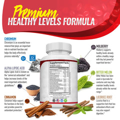 Toplux Blood Sugar Complex label detail features cinnamon and bitter melon among key ingredients.
