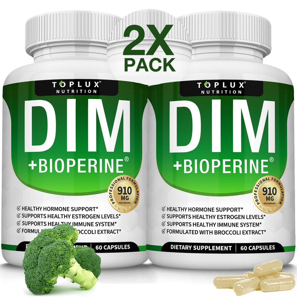 Toplux DIM bottle shows a 910 mg dose for convenient daily hormonal support.