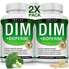 Toplux DIM bottle shows a 910 mg dose for convenient daily hormonal support.