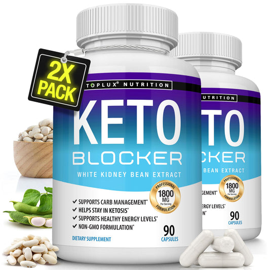 Toplux Keto Blocker bottle on kitchen counter supports keto-friendly meals.