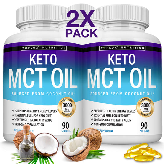 Toplux Keto MCT softgels bottle illustrates convenient energy support for busy days.
