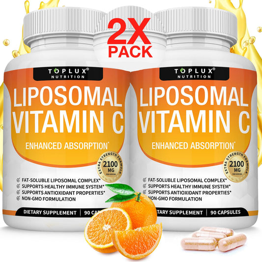 Toplux Liposomal Vitamin C 2100mg bottle showing high-absorption delivery for immune health.