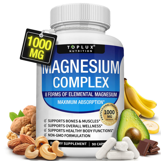 Toplux Magnesium Complex bottle front showing eight-form blend for daily support