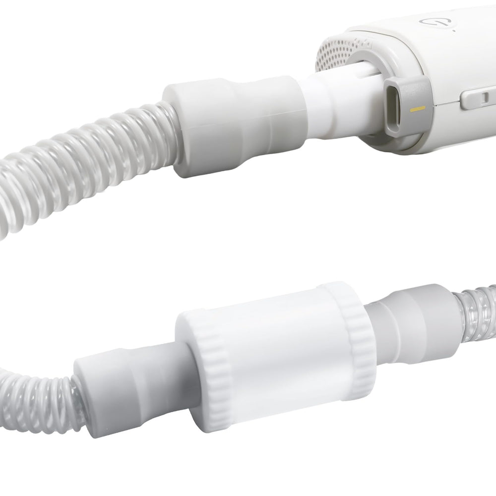 Tordale AirMini muffler in use demonstrating quieter CPAP sleep on the go.