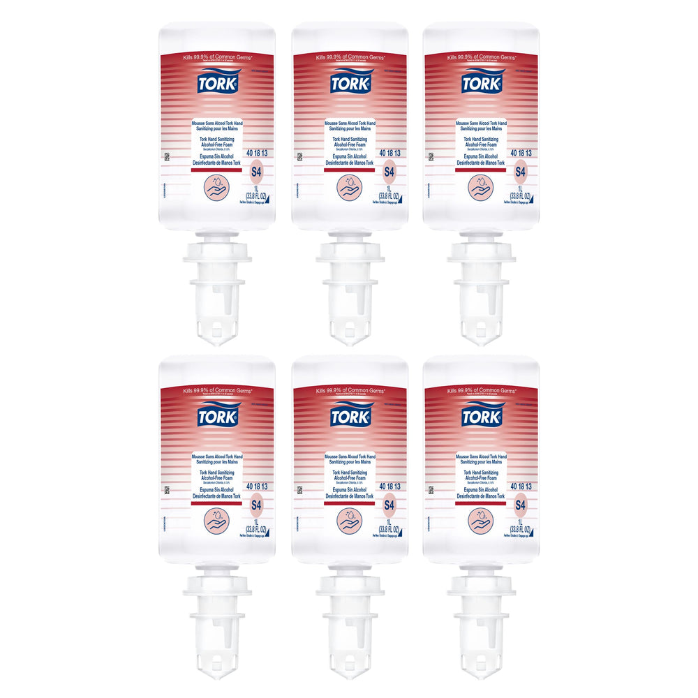 Tork alcohol-free foam S4 bottle with pump for quick, hygienic hand sanitizing.