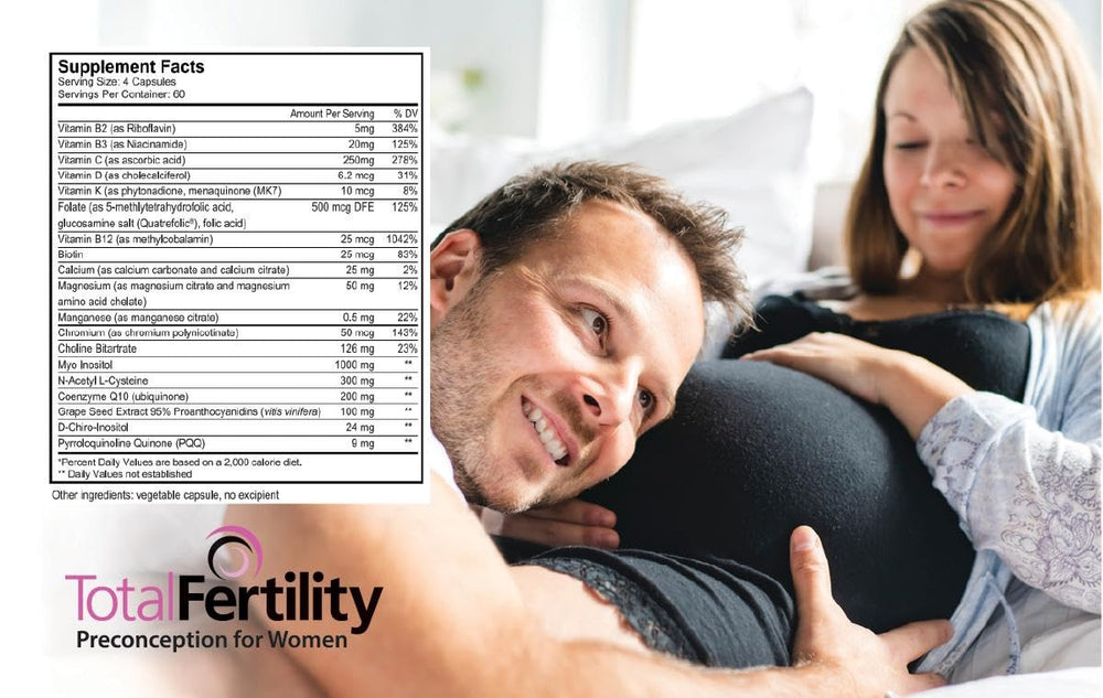 Total Fertility Preconception Women capsules highlighting Myo-Inositol and DCI for hormonal balance.