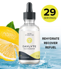 Total Hydration Daylyte electrolyte drops pour showing lemon solution for quick on-the-go hydration.