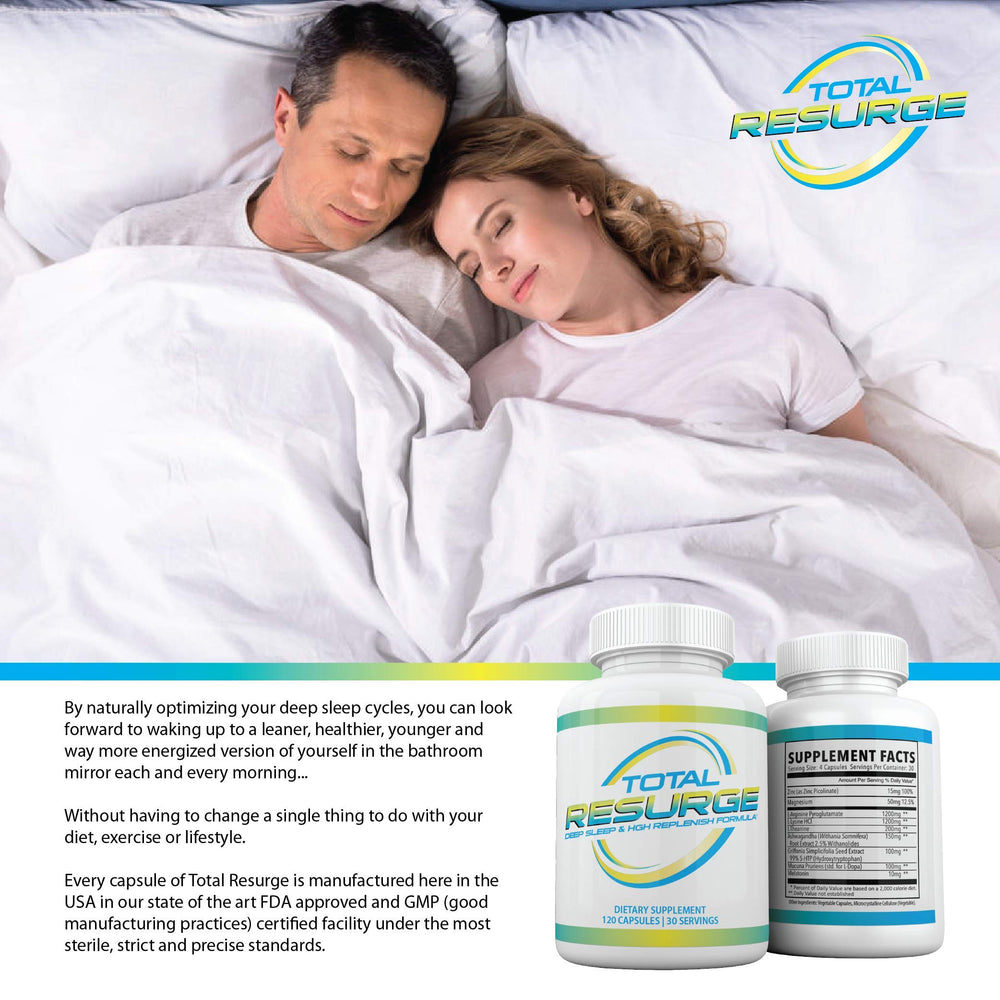 Close-up of Total Resurge Deep Sleep label and capsules