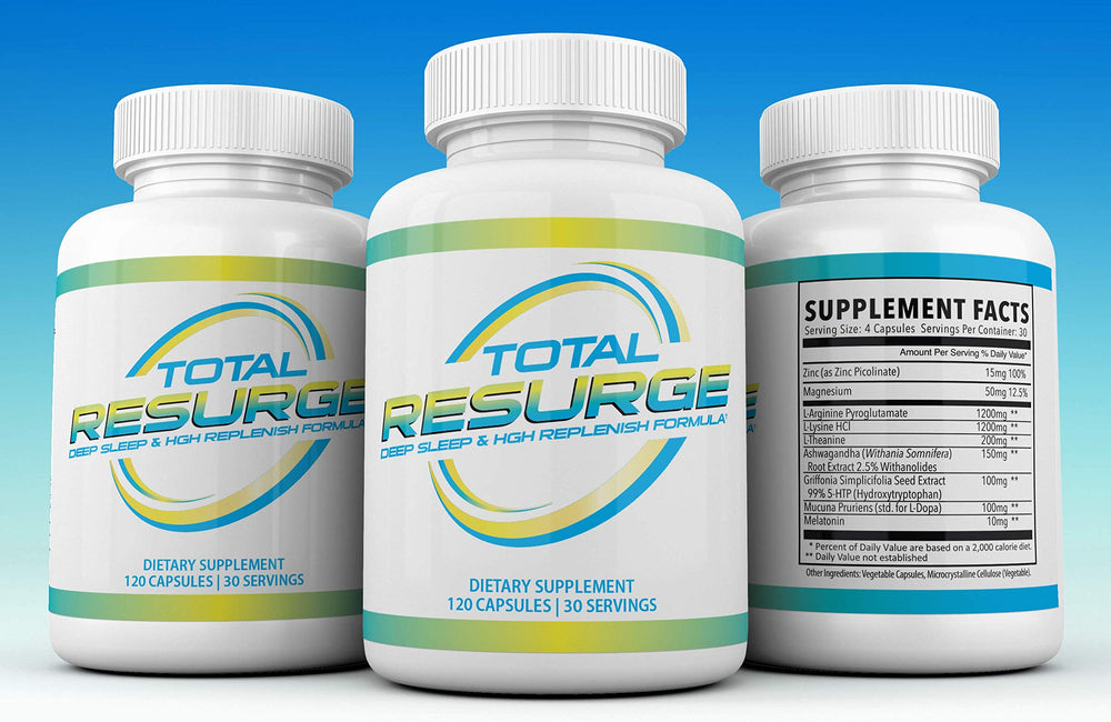 Bottle with water beside Total Resurge Deep Sleep for bedtime