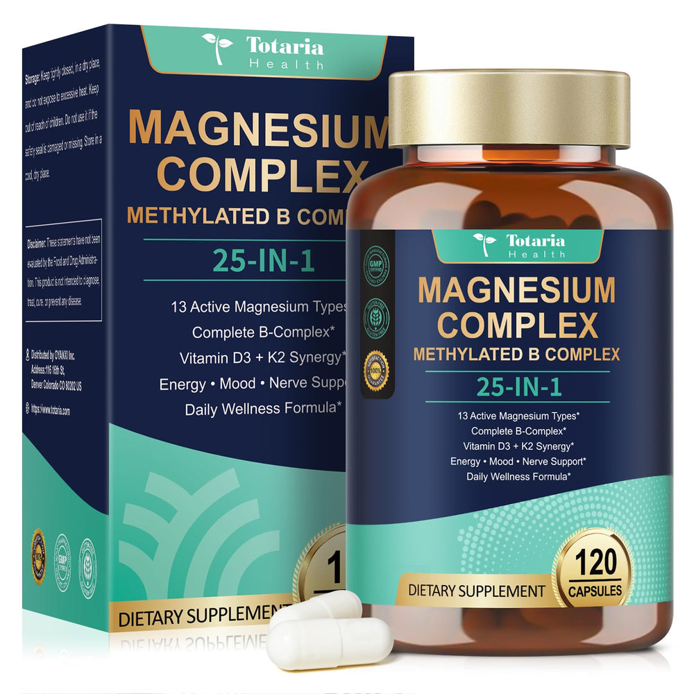 Totaria magnesium complex on shelf with water for daily routine