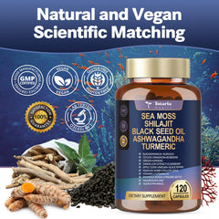 Totaria 25-in-1 Sea Moss capsules bottle with glass highlights easy supplement use.