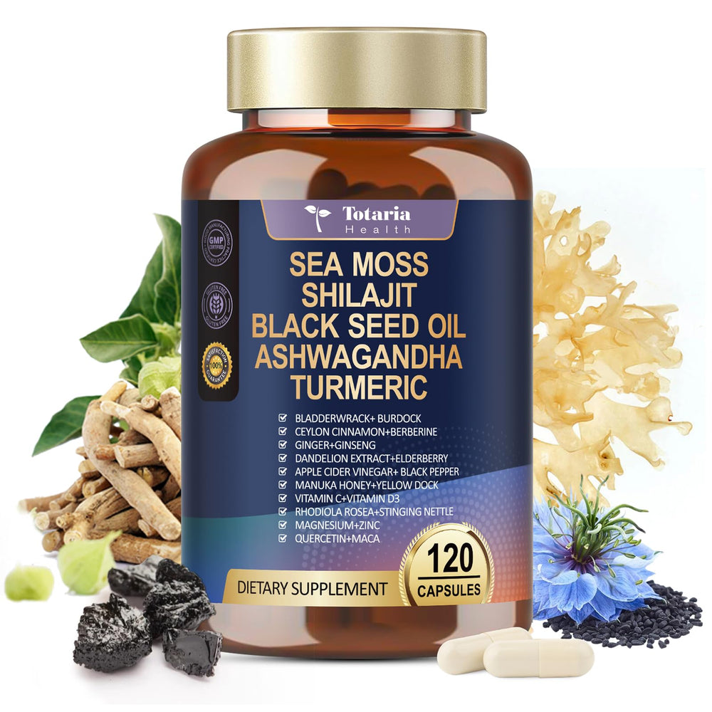 Totaria 25-in-1 Sea Moss capsules natural ingredients scroll implies clean routine.