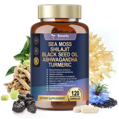 Totaria 25-in-1 Sea Moss capsules natural ingredients scroll implies clean routine.